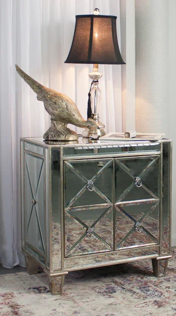 DA Bently Antiqued Mirrored Ribbed 2 Door Bedside Table