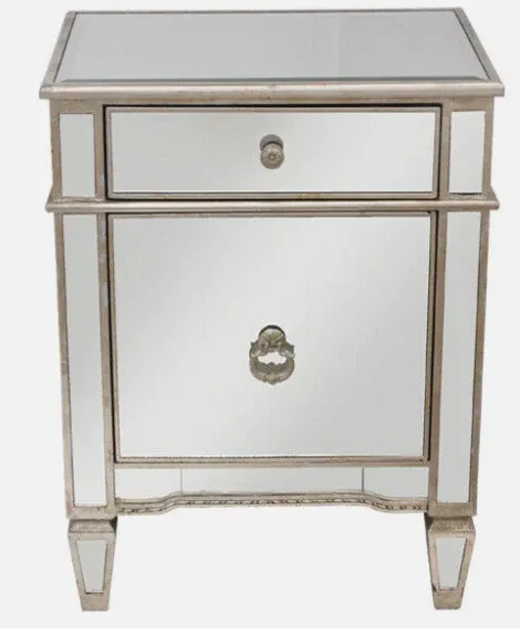 DA Antiqued Mirrored 1 Door 1 Drawer Bedside Table