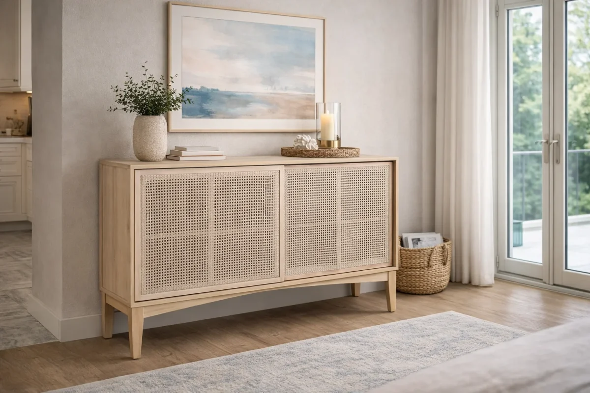 MF Bahamas Solid Oak Timber 2 Rattan Sliding Door 3 Drawer Buffet