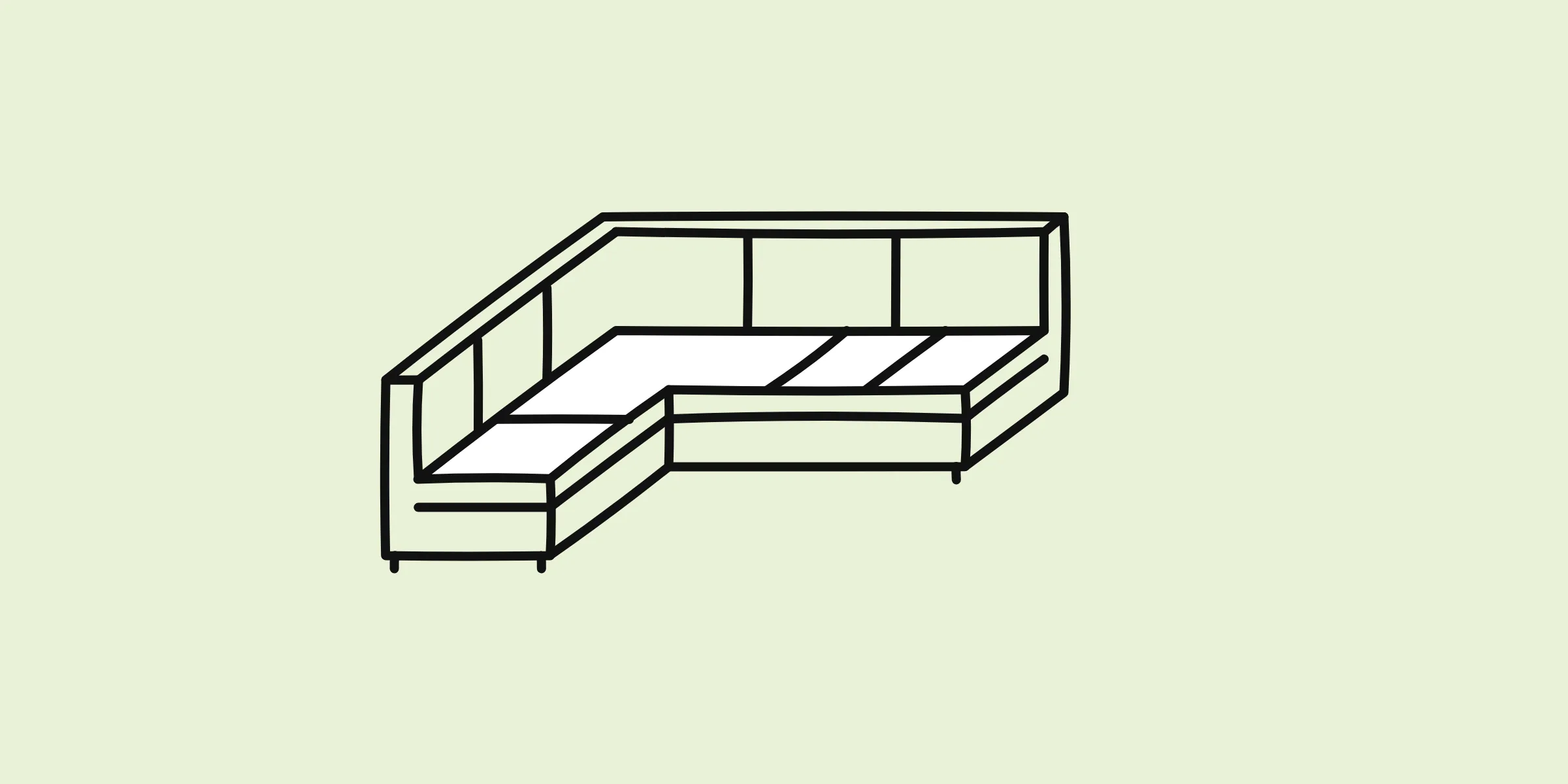 Hand-drawn line doodle of an L-shaped corner lounge, on a pale green background