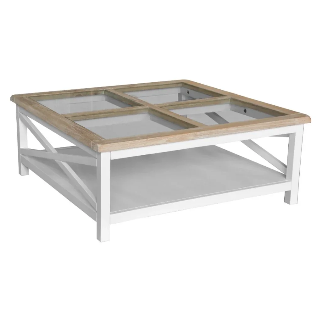 VI Shellwood Solid Timber Glass Top Square Coffee Table with Shelf