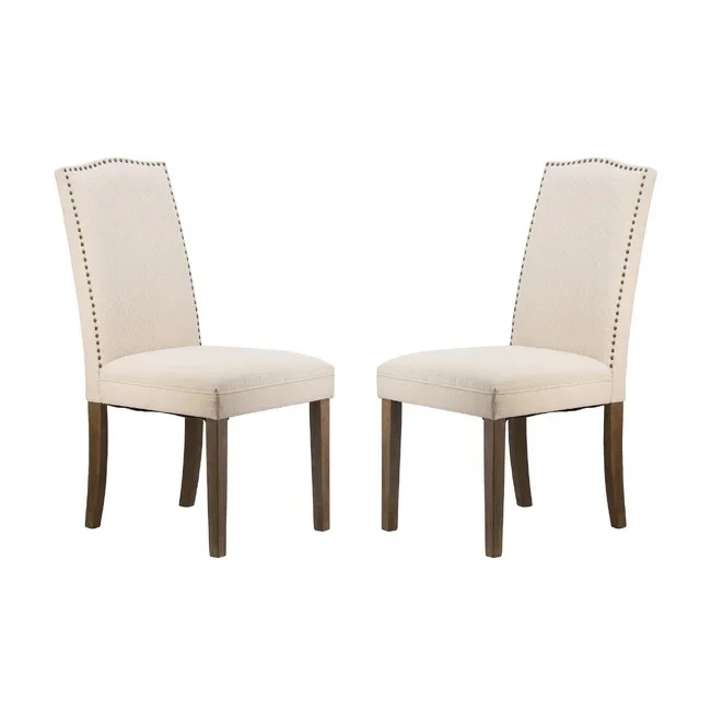 DA Studded Beige Fabric Upholstered Dining Chair Set of 2