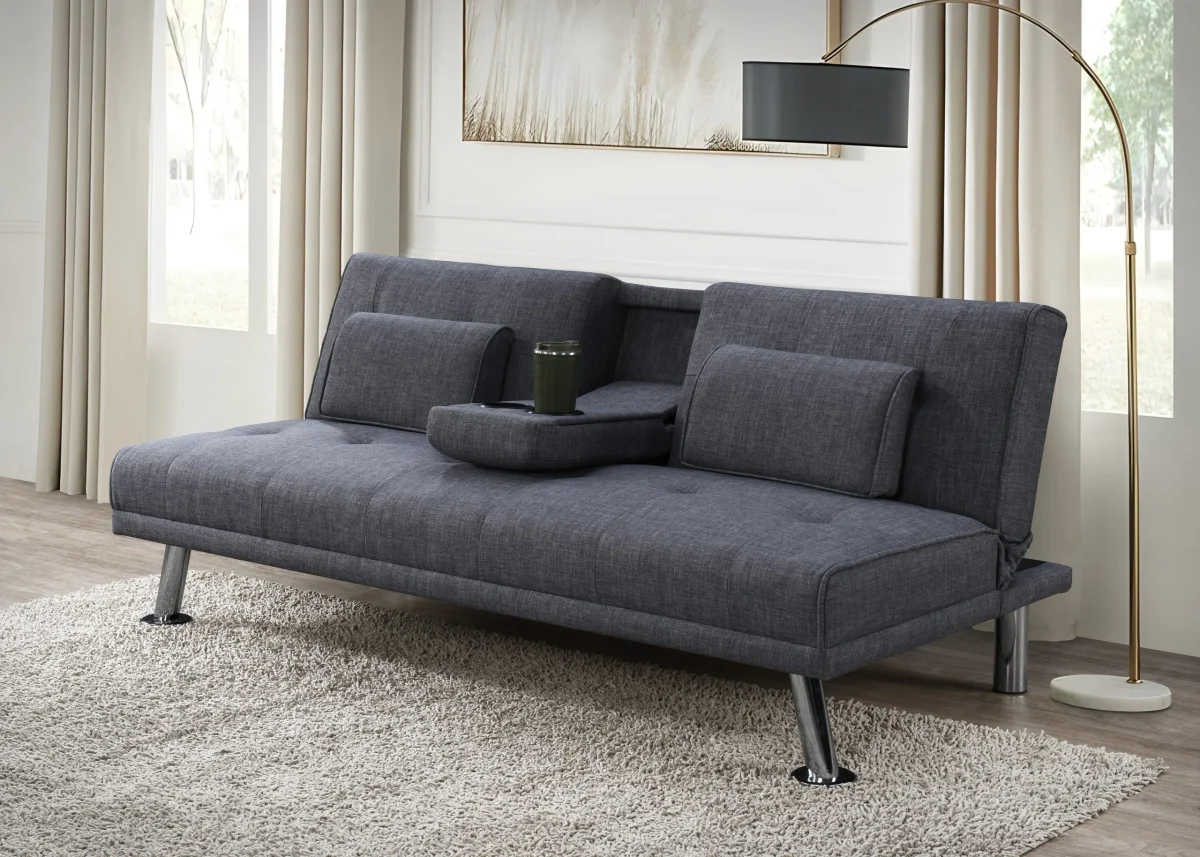 BT Mira Futon 3 Seater Sofa Dark Grey Fabric Chrome