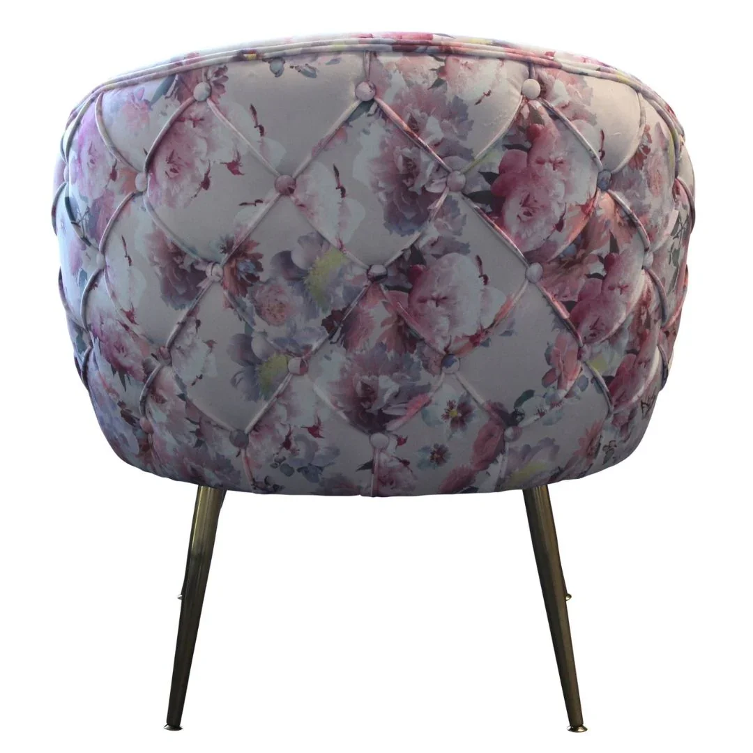BT York Accent Chair - Diamond Tufted, Blush, Gold & Floral Deluxe Velvet