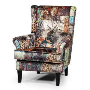 BT Bliss Patchwork Velvet Upholstered Timber Leg Wing Chair thumbnail 1