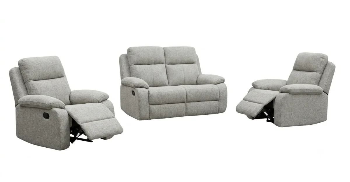 EL Rossie Fabric Upholstered 2 Seater + 2 Single Recliners Suite
