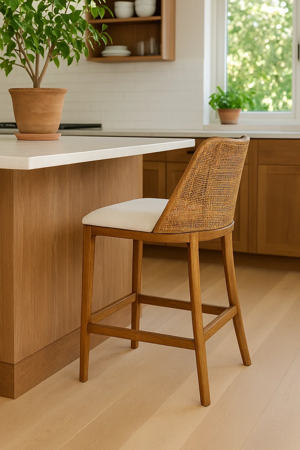 CR Tampa Timber Framed Rattan Back Fabric Seat Counter Stool