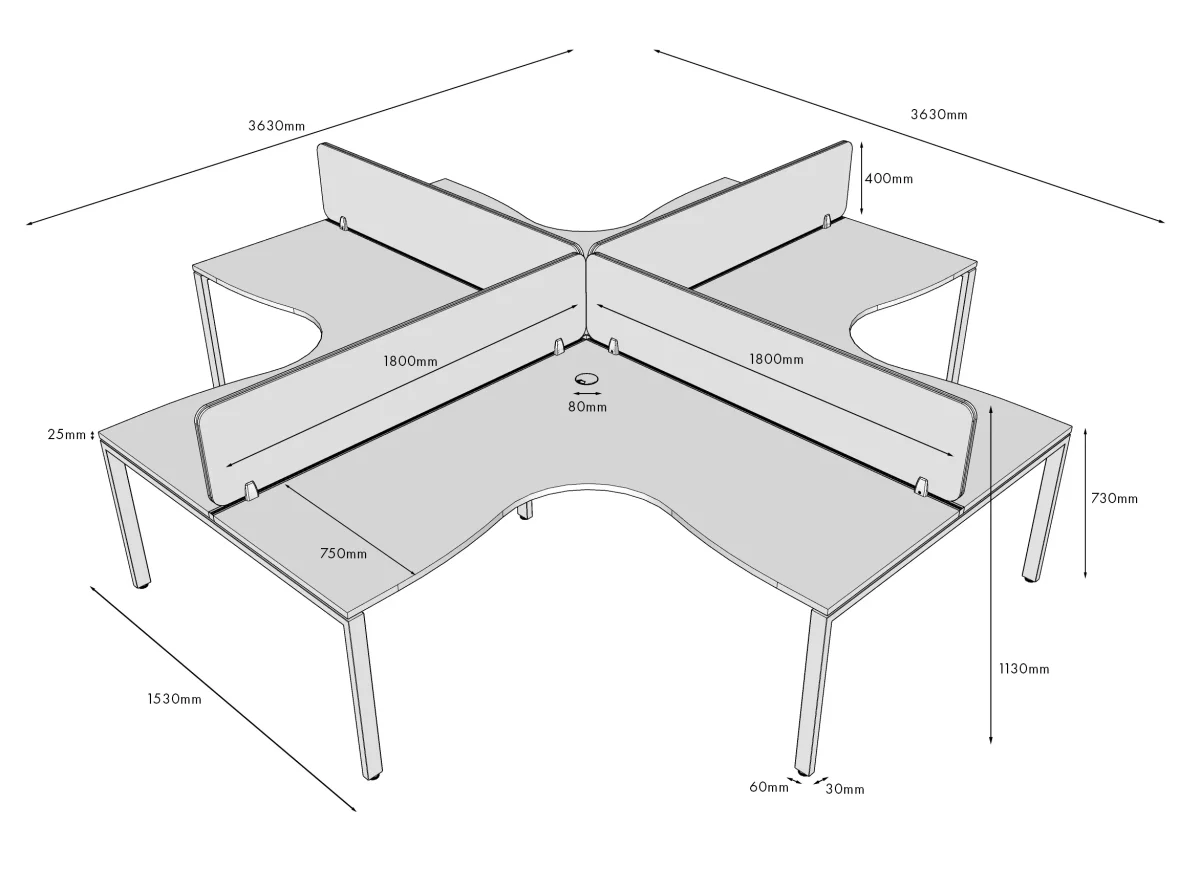 RL Infinity Profile Leg 4 People Corner Workstation with Screen