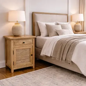 MF Oakwood Louvre Solid Timber 1 Drawer and 1 Door Bedside Cabinet thumbnail 2
