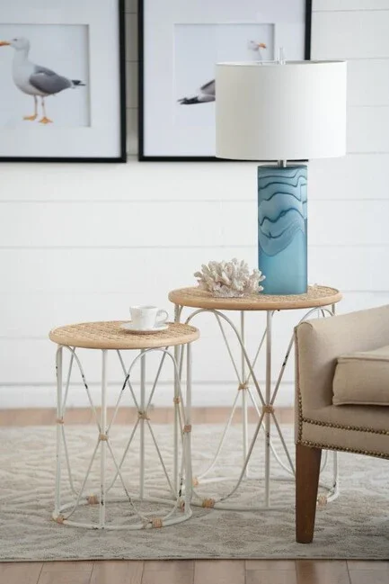 DA Bamboo Weave Top Iron Base Side Table - Set of 2