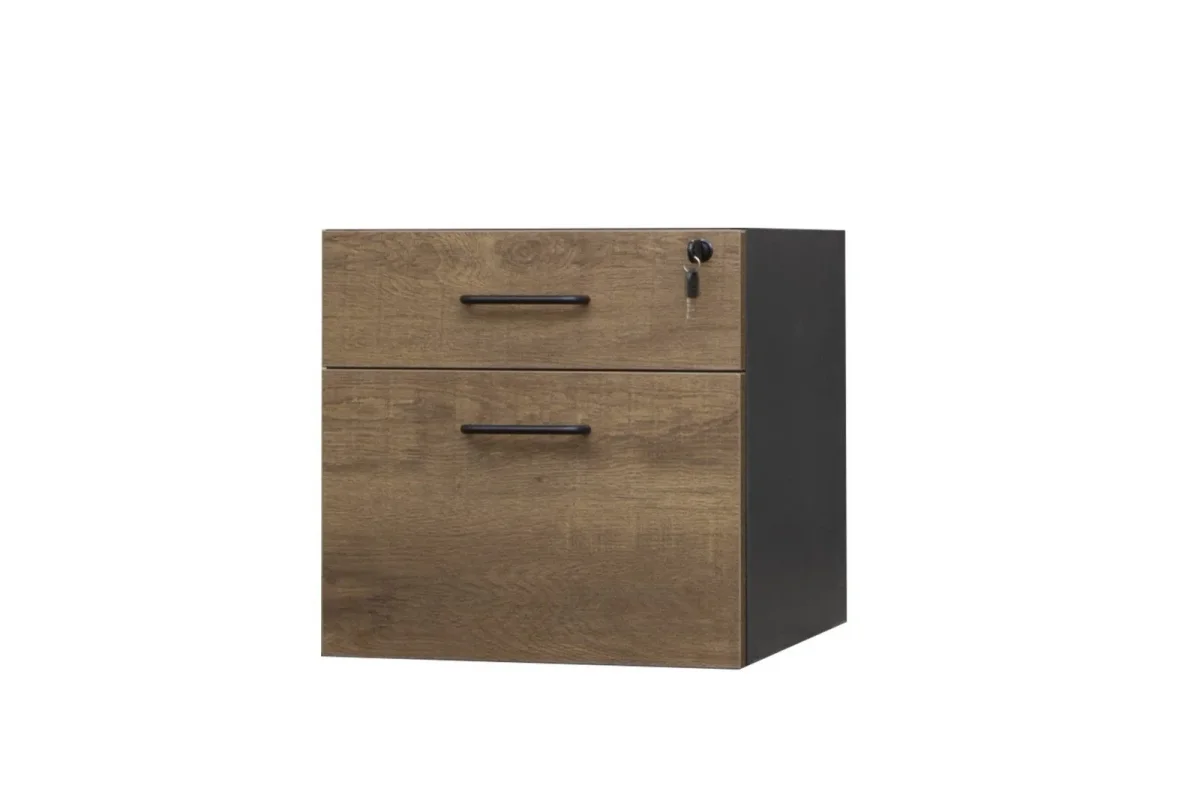GP Office Fixed Desk Pedestal with 1 Drawer & 1 Filing Drawer – Regal Walnut & Charcoal