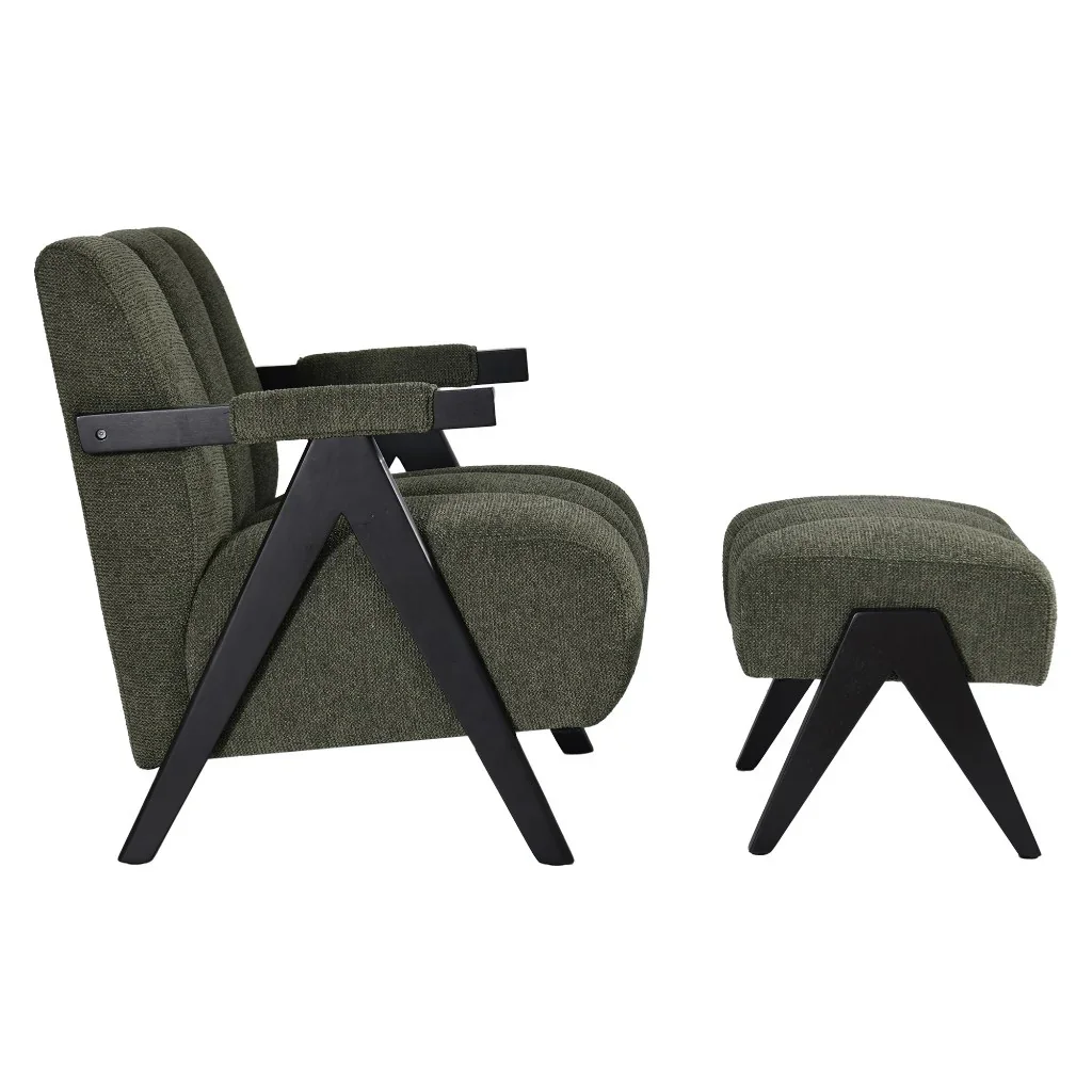 VI Atlas Fabric Upholstered Accent Chair with Footstool - Fawn & Green