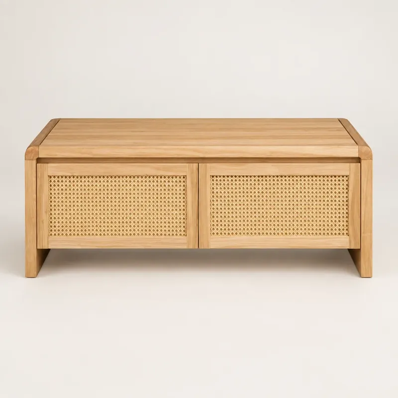 MD Metz Solid Timber Rattan Coffee Table with 2 Drawers