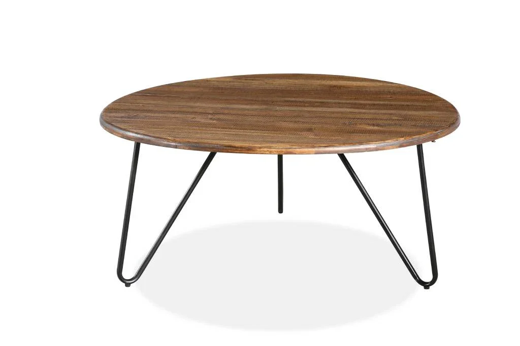 VI Library Timber Veneer Top Metal Base Round Coffee Table