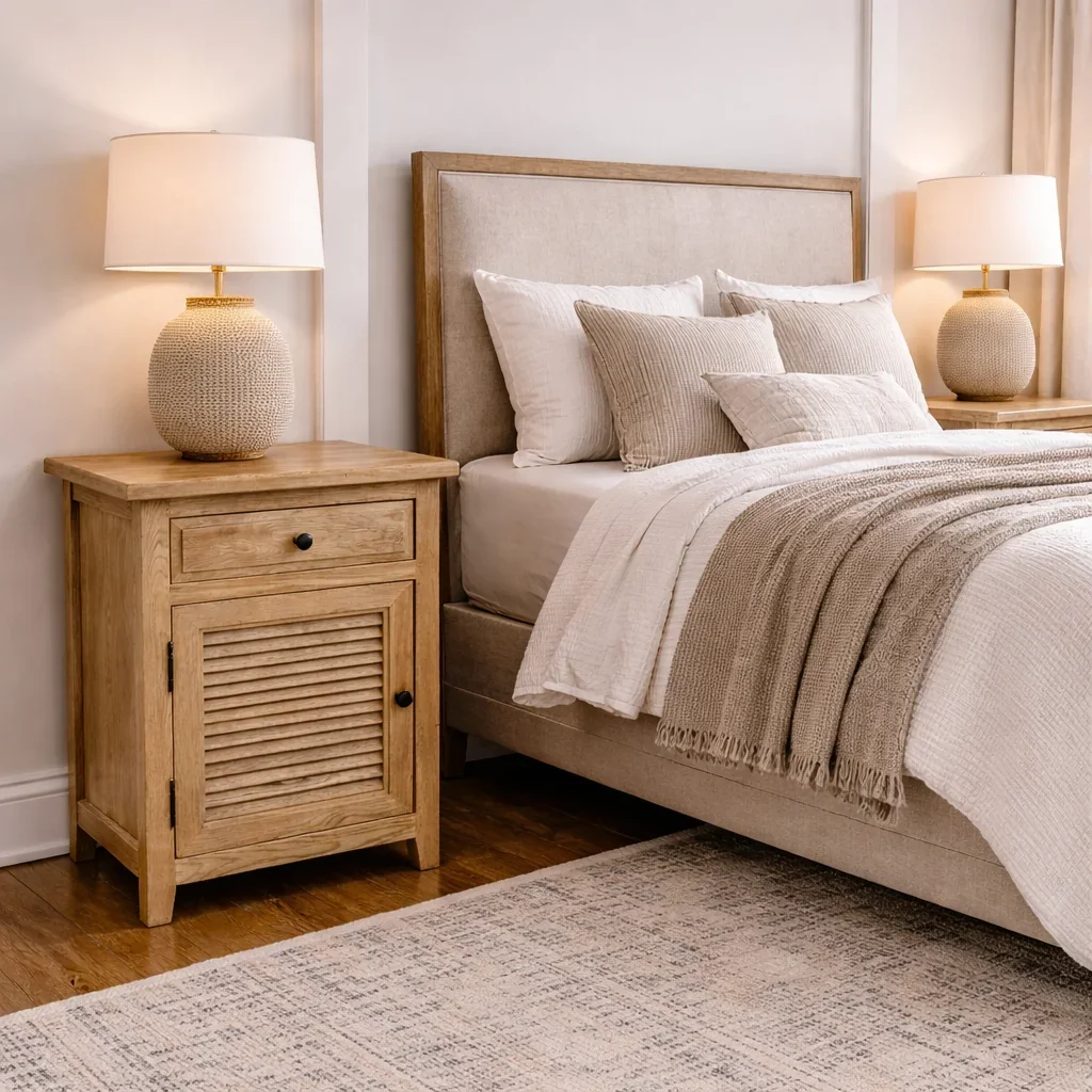 MF Oakwood Louvre Solid Timber 1 Drawer and 1 Door Bedside Cabinet