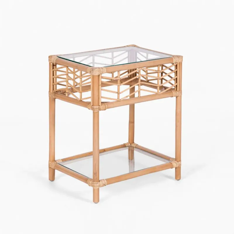VI Sun Rattan with Glass Top & Shelf Bedside Table