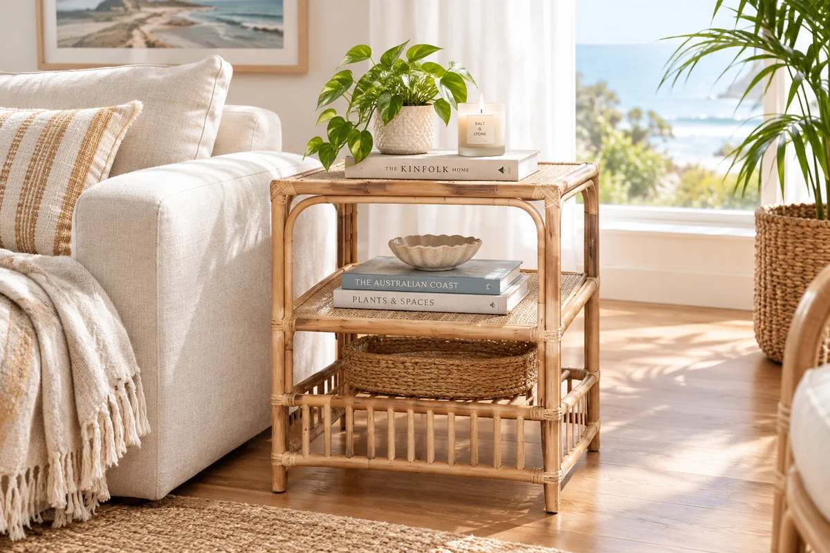 TJ Laguna Natural Rattan Square Side Table with Shelf