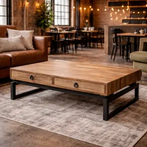 MF Torano Recycled Timber Top Metal Base 2 Drawer Coffee Table thumbnail 3